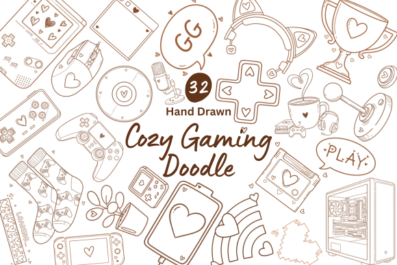 32 Hand Drawn Cozy Gaming Doodles: A World of Comfort and Creativity