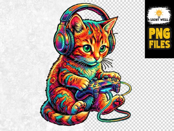 Colorful Psychedelic Gaming Cat Clipart: A Unique Digital Art Option for Creative Projects