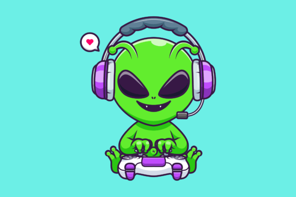 Cute Alien Gaming Cartoon Illustration