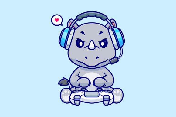 Cute Rhino Gaming Cartoon Illustration