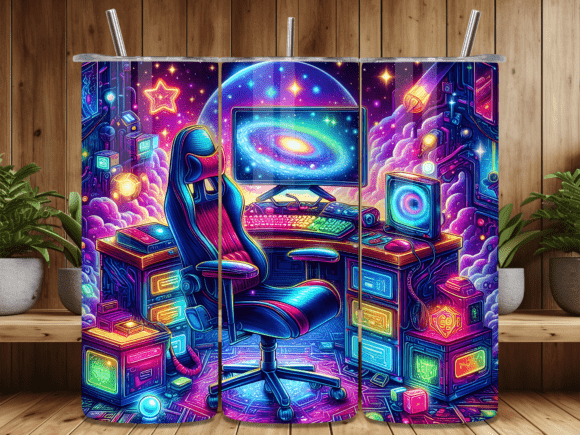 Neon Gaming Setup Room Tumbler Wrap Png