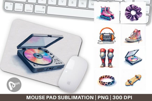 Watercolor Retro Skate Mouse Pad PNG